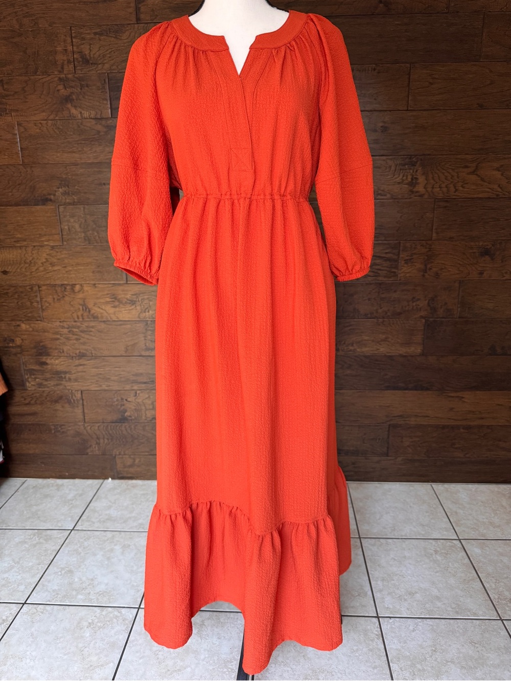 Calvin Klein Orange Long Maxi Dress with Balloon Sleeves